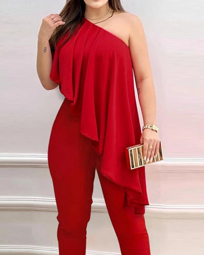 Womens Jumpsuits Summer Fashion One Shoulder Asymmetrical Ruffles Elegant Party Sexy Sleeveless Ruffles Casual Long Jumpsuit