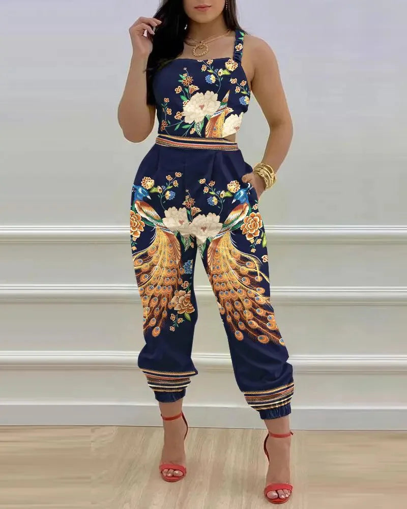 New Summer Fashion Printed Sleeveless Jumpsuit Sexy Hollow Backless Lace Up Long Jumpsuits Elegant Casual Jumpsuit With Pocket