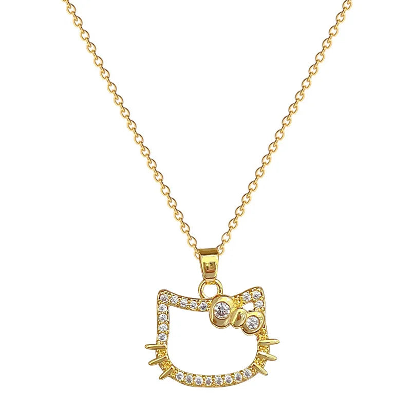 Gold Color Cute Zircon Hello Kitty Pendant Necklaces for Women Girls Stainless Steel Chain Birthday Wedding Party Favors Gifts