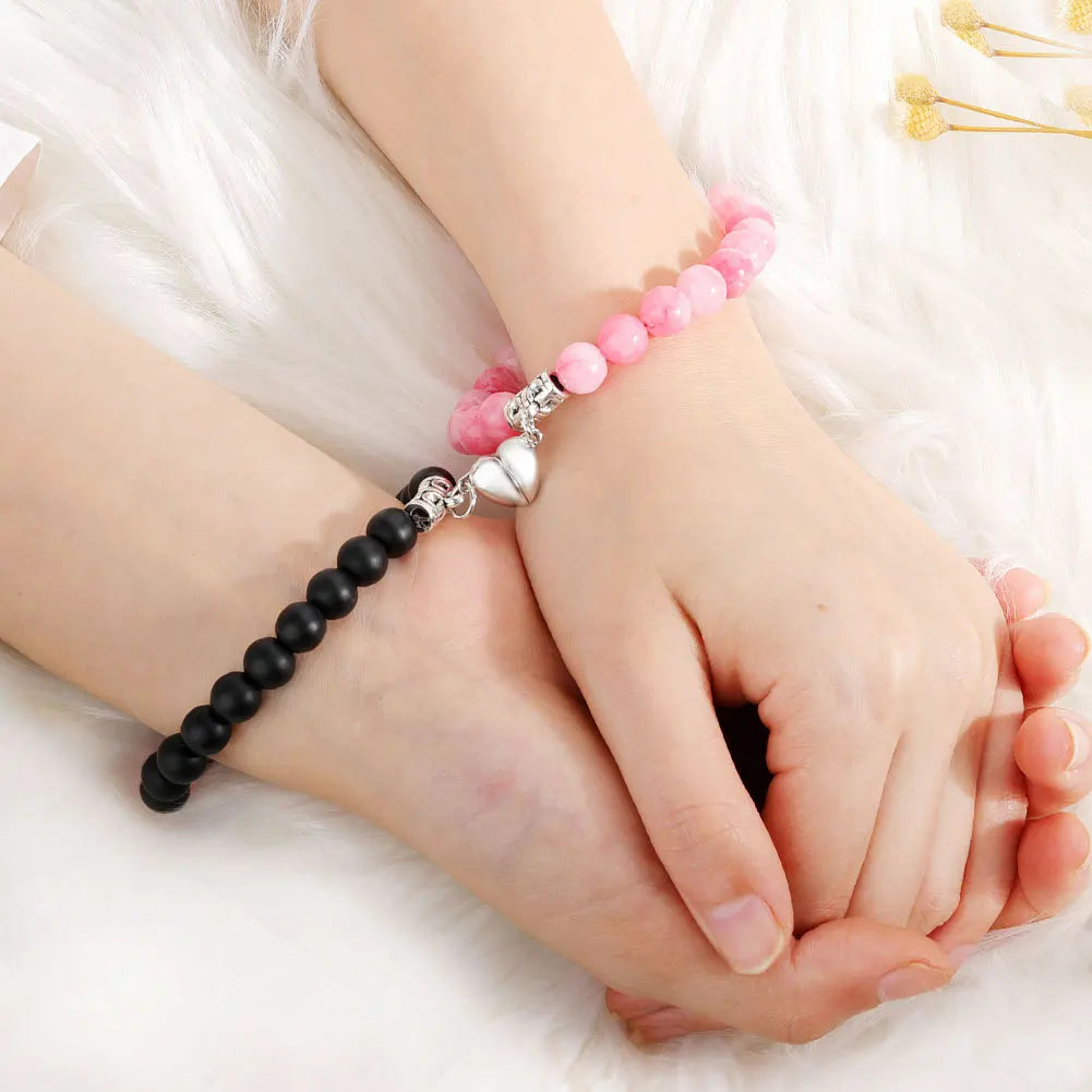 2Pcs/Set Beads Bracelet Couple Lovers Natural Stone Distance Magnetic Heart Bracelets For Women Men Fashion Wedding Jewelry Gift