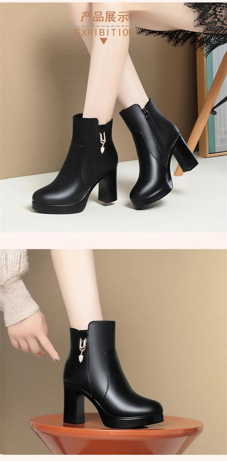 Autumn Winter Women  Platform Shoes Warm Fleece Waterproof Short Leather Boots Luxury Black Super High Heel Ankle Boots