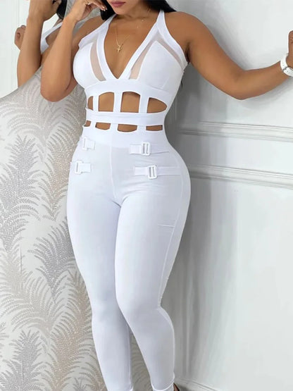 Sexy Hollow Out Halter Buckled Contrast Mesh Jumpsuit Slight Stretch Skinny Night Out Chic Sleeveless