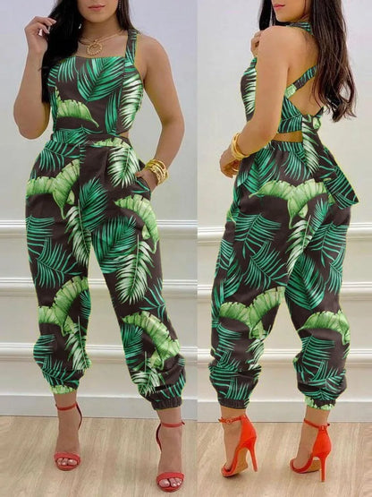 New Summer Fashion Printed Sleeveless Jumpsuit Sexy Hollow Backless Lace Up Long Jumpsuits Elegant Casual Jumpsuit With Pocket