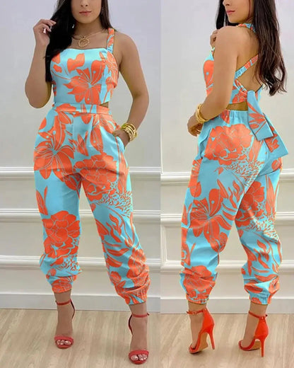 New Summer Fashion Printed Sleeveless Jumpsuit Sexy Hollow Backless Lace Up Long Jumpsuits Elegant Casual Jumpsuit With Pocket