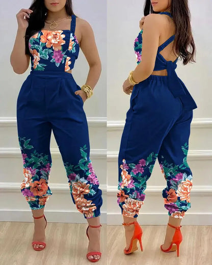 New Summer Fashion Printed Sleeveless Jumpsuit Sexy Hollow Backless Lace Up Long Jumpsuits Elegant Casual Jumpsuit With Pocket