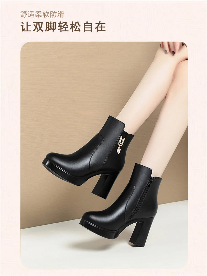 Autumn Winter Women  Platform Shoes Warm Fleece Waterproof Short Leather Boots Luxury Black Super High Heel Ankle Boots