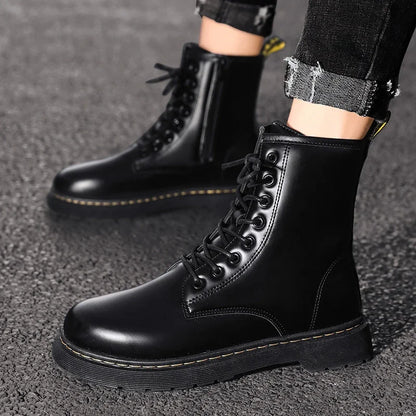 Men Platform Boots Black Non-slip Motorcycle Boots Lace Up Boots 2024 New Men's Boots Fashionable Walking Work Boots