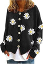 Women's Floral Print Long Sleeve V-Neck Sweaters Button Down Ribbed Cuffs Knit Cropped Cardigan Sweater