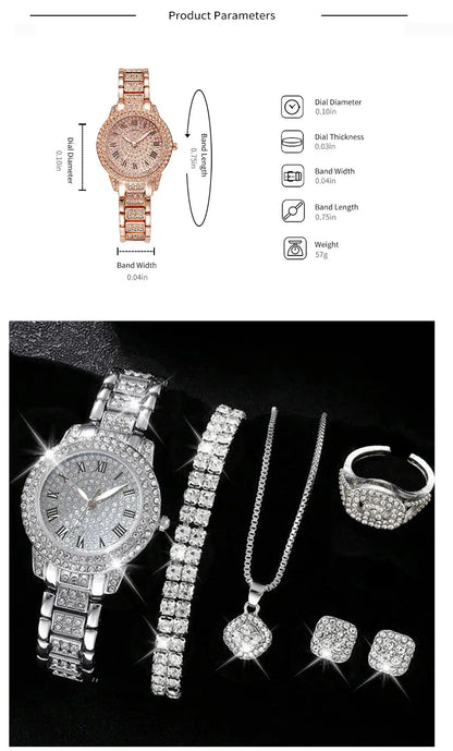 6PCS Women Watch Luxury Elegant Alloy Watch Crystal Wristwatch For Ladies Gift Quartz Watch Alloy Rhinestone Bracelet Montre