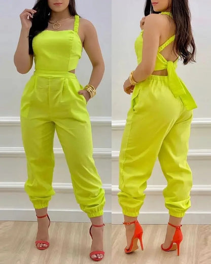 New Summer Fashion Printed Sleeveless Jumpsuit Sexy Hollow Backless Lace Up Long Jumpsuits Elegant Casual Jumpsuit With Pocket