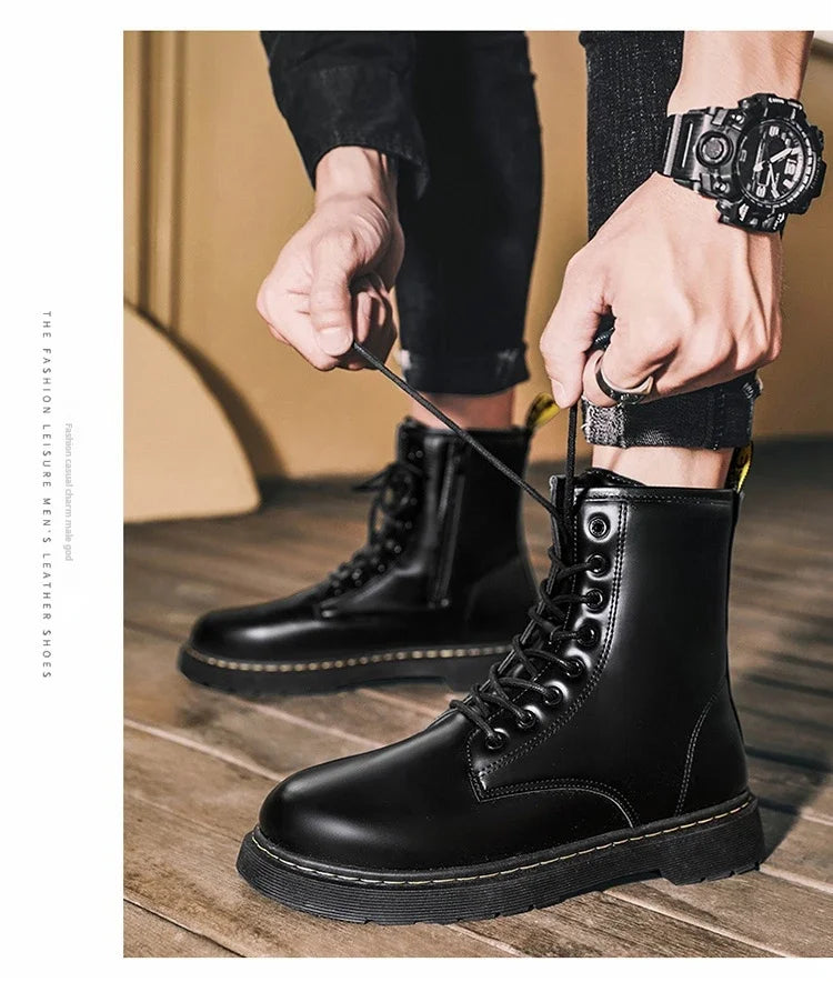 Men Platform Boots Black Non-slip Motorcycle Boots Lace Up Boots 2024 New Men's Boots Fashionable Walking Work Boots