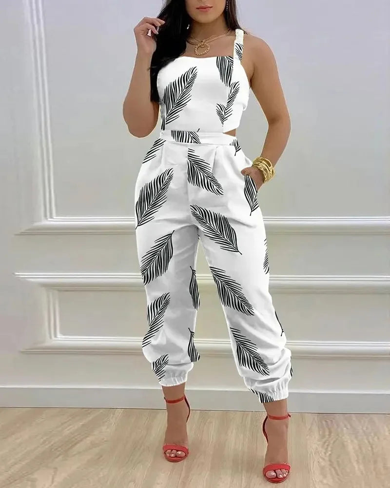 New Summer Fashion Printed Sleeveless Jumpsuit Sexy Hollow Backless Lace Up Long Jumpsuits Elegant Casual Jumpsuit With Pocket