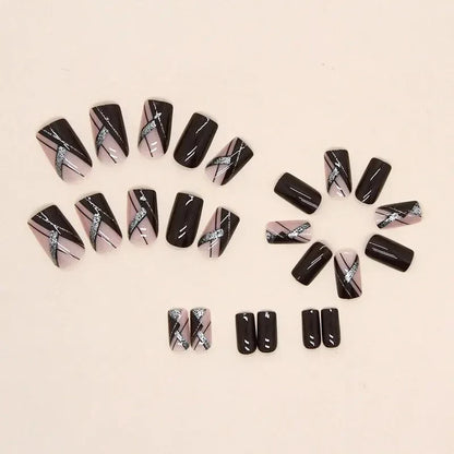 24 PCs Short French Minimalist Glitter Line Nails with 1 Jelly Gel and 1 Nail File