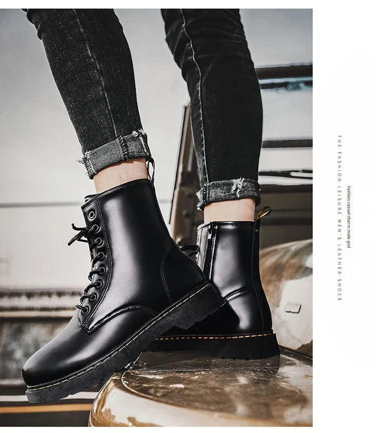 Men Platform Boots Black Non-slip Motorcycle Boots Lace Up Boots 2024 New Men's Boots Fashionable Walking Work Boots