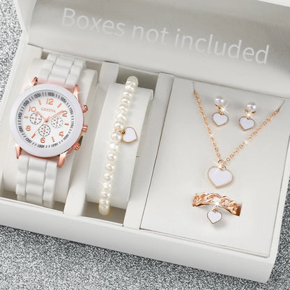 6PCS/Set Women's Watches Casual Silicone Band Analog Quartz Watch Heart Pearls Jewelry Set(No Box)