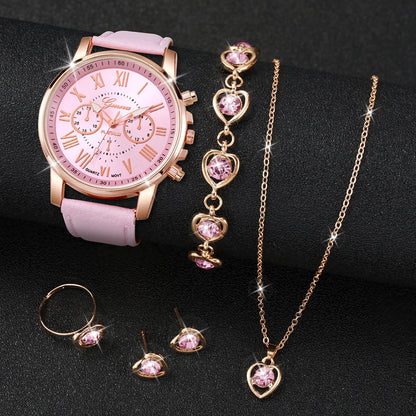 5/6PCS Fashion Women's Quartz Watch Leather Band Analog Wrist Watches Heart Rhinestone Jewelry Set(Without Box)