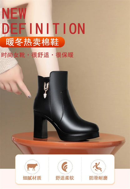 Autumn Winter Women  Platform Shoes Warm Fleece Waterproof Short Leather Boots Luxury Black Super High Heel Ankle Boots