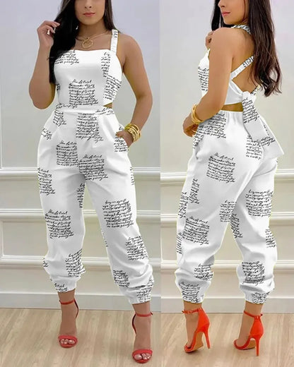 New Summer Fashion Printed Sleeveless Jumpsuit Sexy Hollow Backless Lace Up Long Jumpsuits Elegant Casual Jumpsuit With Pocket