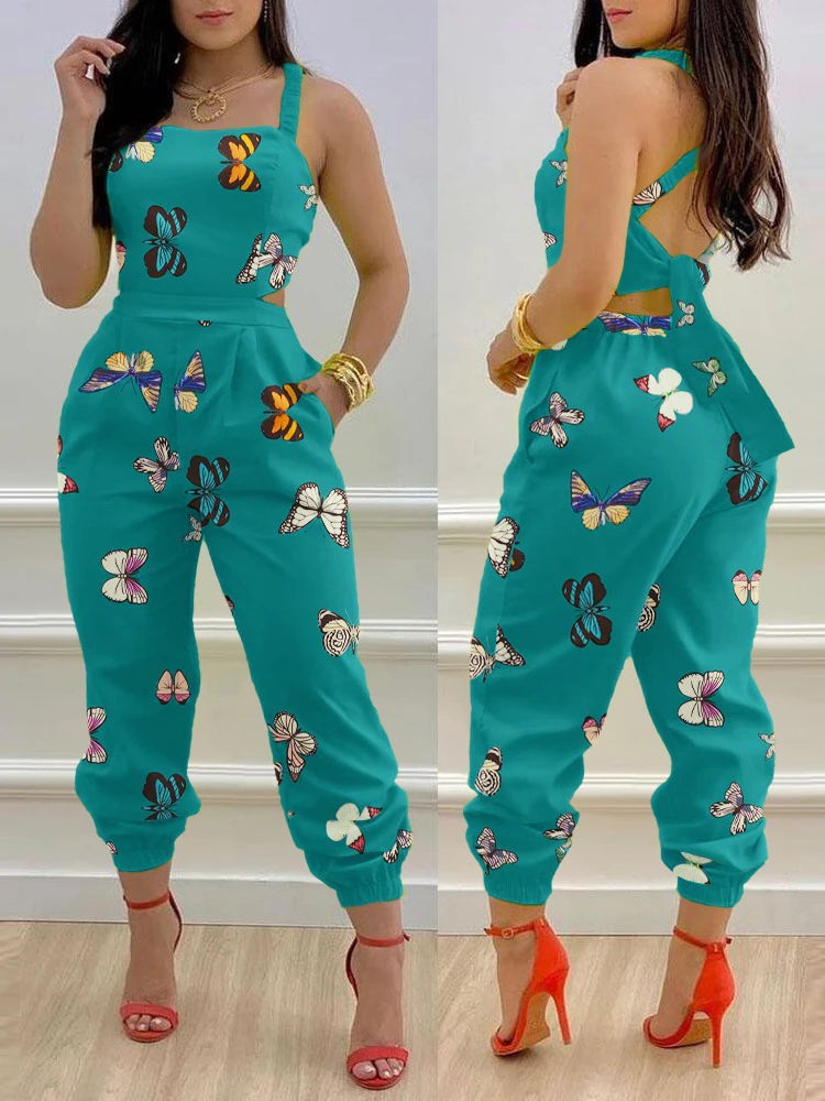 New Summer Fashion Printed Sleeveless Jumpsuit Sexy Hollow Backless Lace Up Long Jumpsuits Elegant Casual Jumpsuit With Pocket