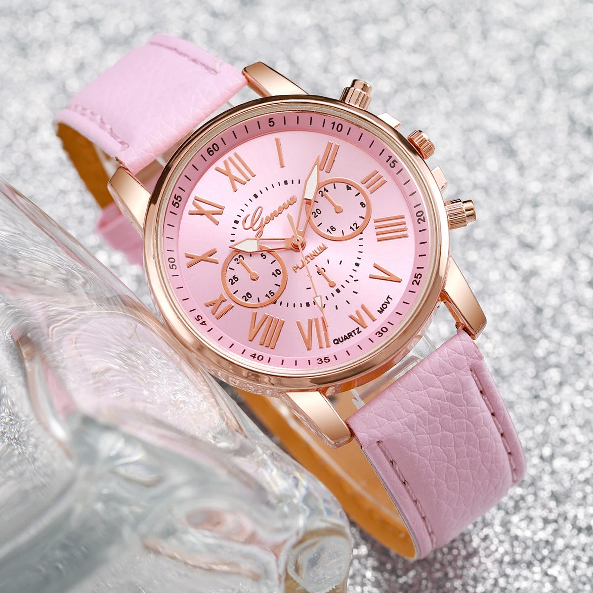 5/6PCS Fashion Women's Quartz Watch Leather Band Analog Wrist Watches Heart Rhinestone Jewelry Set(Without Box)