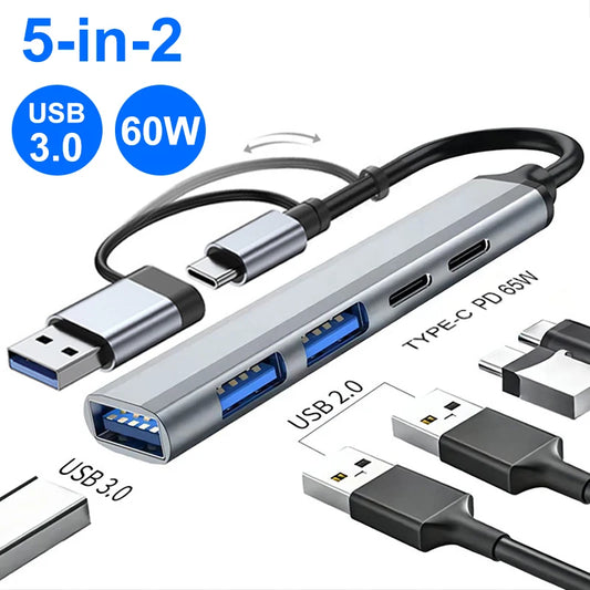 5-IN-2 USB C HUB Type C to USB 3.0 HUB PD 65W Multi USB Splitter Adapter OTG For Lenovo Macbook Pro Computer Accessories