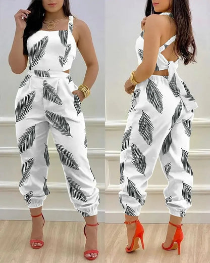 New Summer Fashion Printed Sleeveless Jumpsuit Sexy Hollow Backless Lace Up Long Jumpsuits Elegant Casual Jumpsuit With Pocket