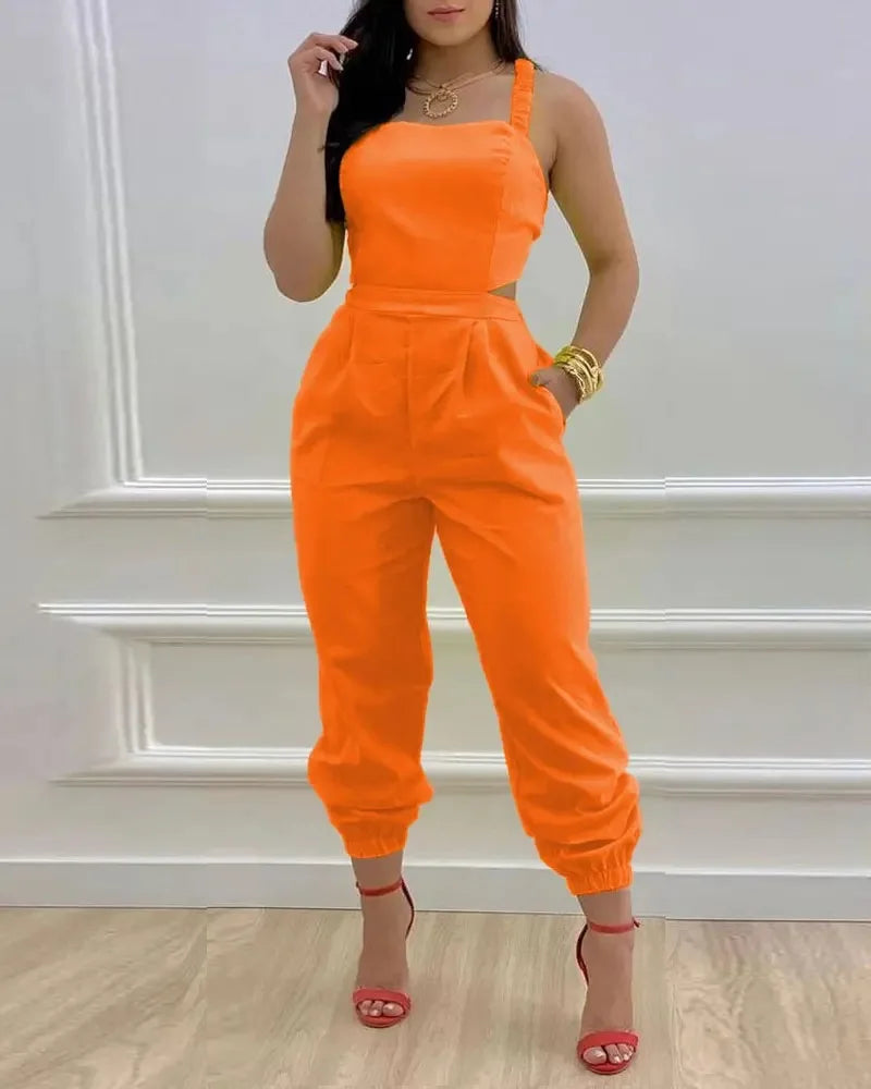 New Summer Fashion Printed Sleeveless Jumpsuit Sexy Hollow Backless Lace Up Long Jumpsuits Elegant Casual Jumpsuit With Pocket