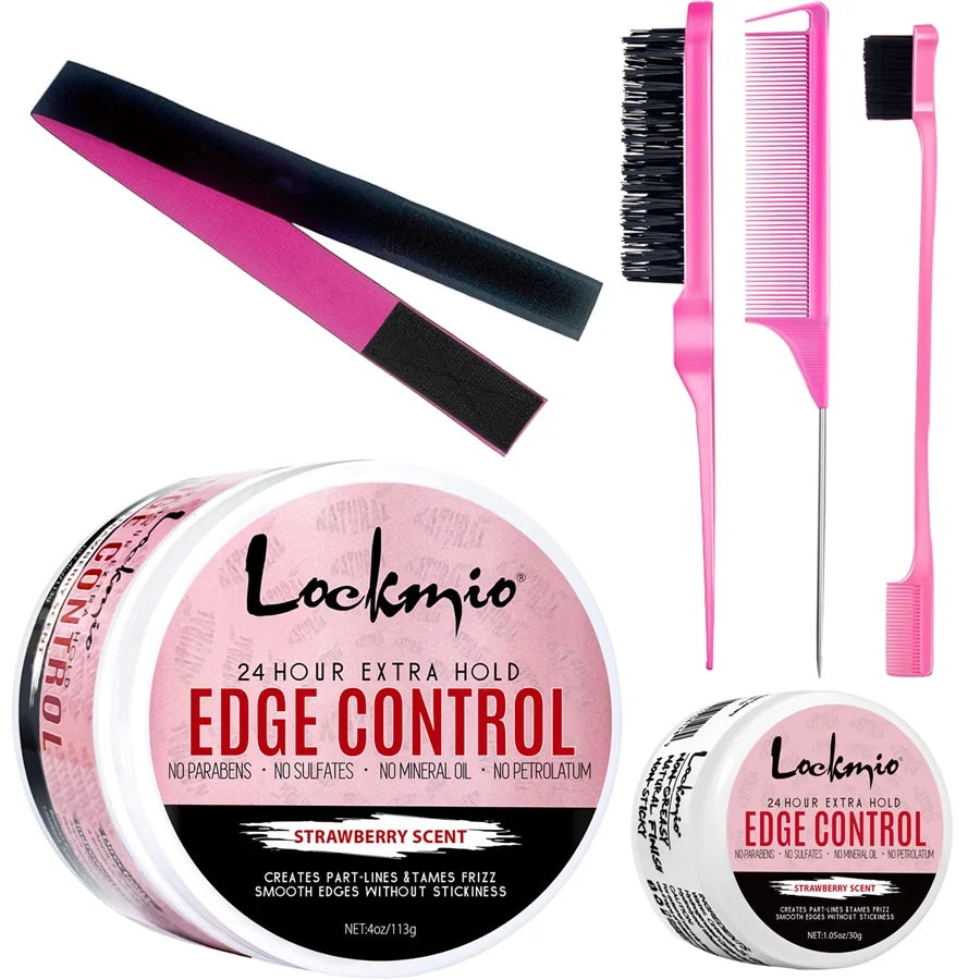 LOCKMIO Edge Control Gel Kit for Women Long Lasting Hold Control Wax Natural Ingredients Finishing Anti Frizz Hair Gel and Brush