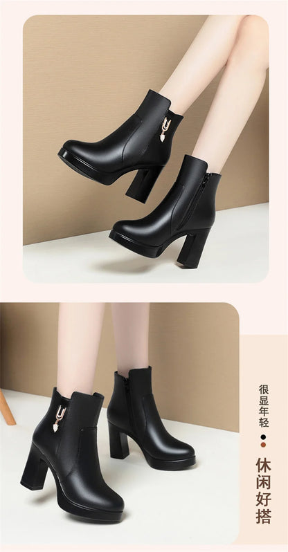 Autumn Winter Women  Platform Shoes Warm Fleece Waterproof Short Leather Boots Luxury Black Super High Heel Ankle Boots