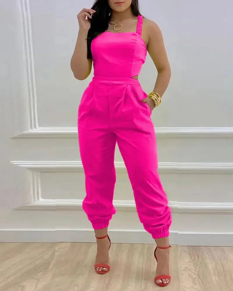 New Summer Fashion Printed Sleeveless Jumpsuit Sexy Hollow Backless Lace Up Long Jumpsuits Elegant Casual Jumpsuit With Pocket