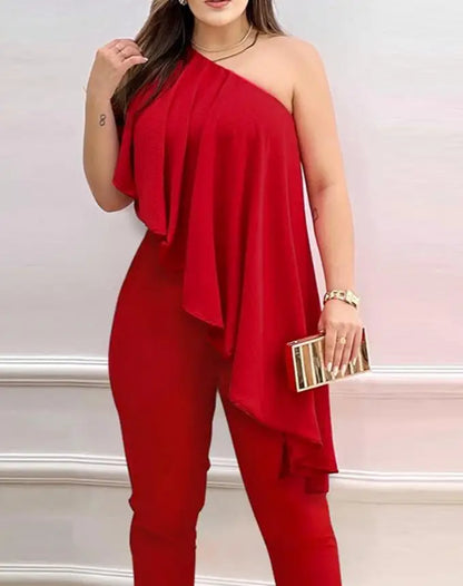 Womens Jumpsuits Summer Fashion One Shoulder Asymmetrical Ruffles Elegant Party Sexy Sleeveless Ruffles Casual Long Jumpsuit