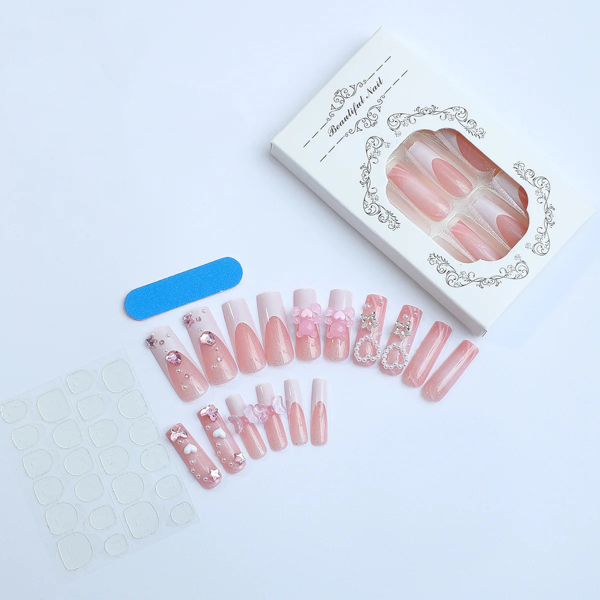 24Pcs Wearable Square Head Ballerina French Pink False Nails With Glue Full Cover Fake Nails Press On Nail Long Acrylic Manicure