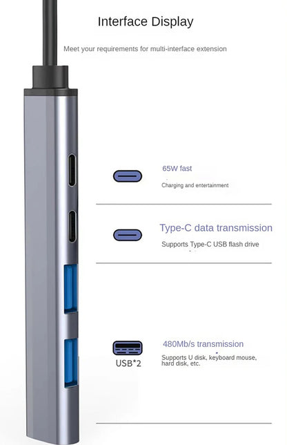 5-IN-2 USB C HUB Type C to USB 3.0 HUB PD 65W Multi USB Splitter Adapter OTG For Lenovo Macbook Pro Computer Accessories