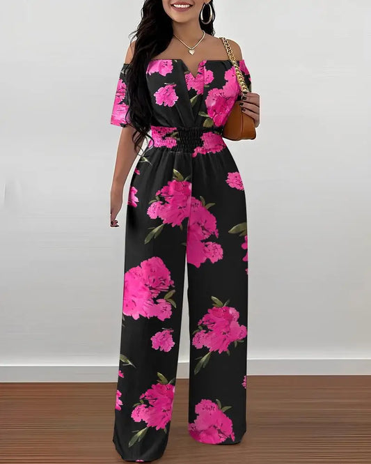 Summer Fashion Printed Wide Leg Jumpsuit Women Sexy Slash Neck Off-shoulder High Waist Jumpsuit Womem