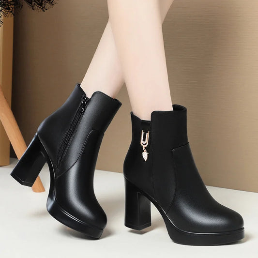 Autumn Winter Women  Platform Shoes Warm Fleece Waterproof Short Leather Boots Luxury Black Super High Heel Ankle Boots