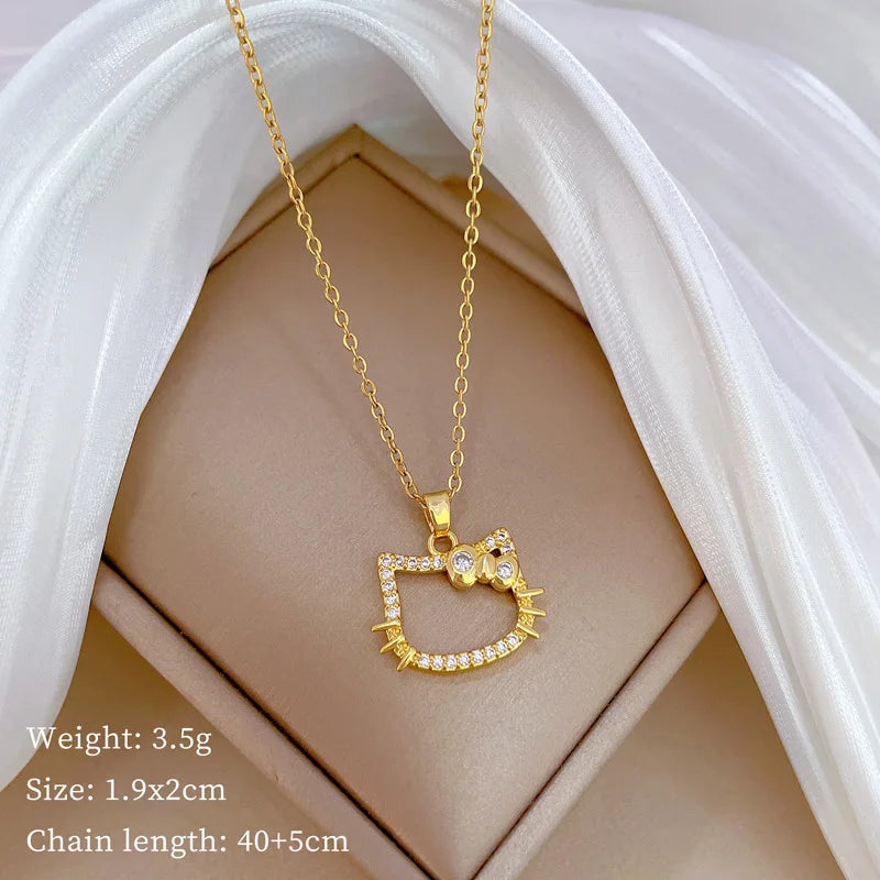 Gold Color Cute Zircon Hello Kitty Pendant Necklaces for Women Girls Stainless Steel Chain Birthday Wedding Party Favors Gifts