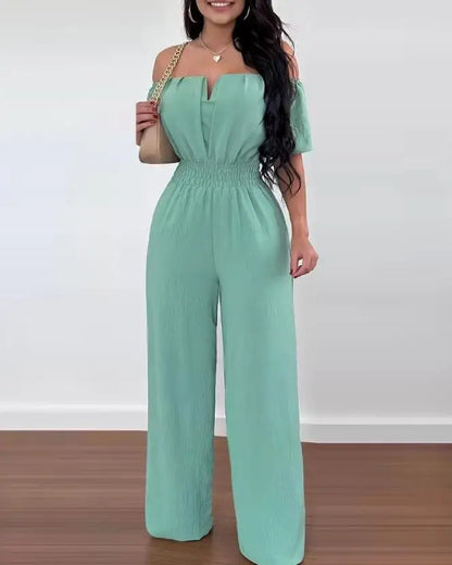 Jumpsuits for Women 2023 Spring Fashion Off Shoulder Casual Plain Short Sleeve Shirred Waist Daily Long Wide Leg Jumpsuit 2024