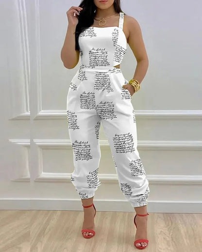 New Summer Fashion Printed Sleeveless Jumpsuit Sexy Hollow Backless Lace Up Long Jumpsuits Elegant Casual Jumpsuit With Pocket