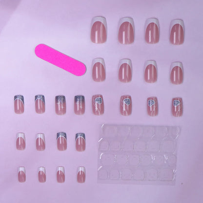 24PCS Press On Nails Short Pink Square Fingertip French Trim Press On Nails Love Design Sweet Nails Glisten Press On Nails