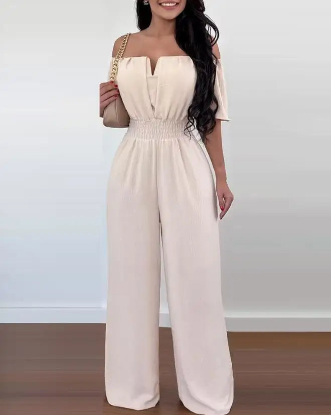 Jumpsuits for Women 2023 Spring Fashion Off Shoulder Casual Plain Short Sleeve Shirred Waist Daily Long Wide Leg Jumpsuit 2024