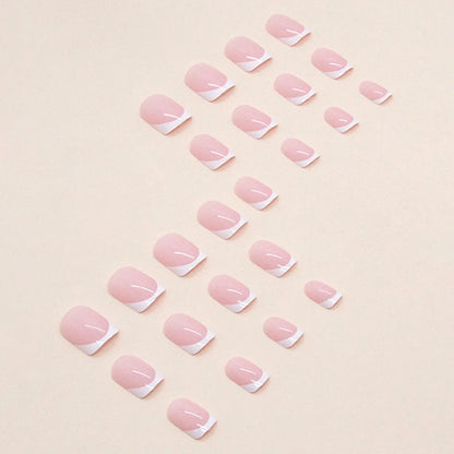 24pcs Glossy Short Square Fake Nails, White French Tip Press On Nails With Crocodile Pattern Design, Minimalist Style Pink False