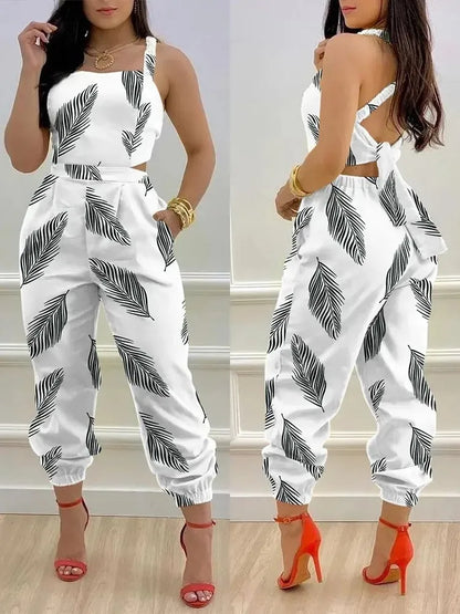 New Summer Fashion Printed Sleeveless Jumpsuit Sexy Hollow Backless Lace Up Long Jumpsuits Elegant Casual Jumpsuit With Pocket