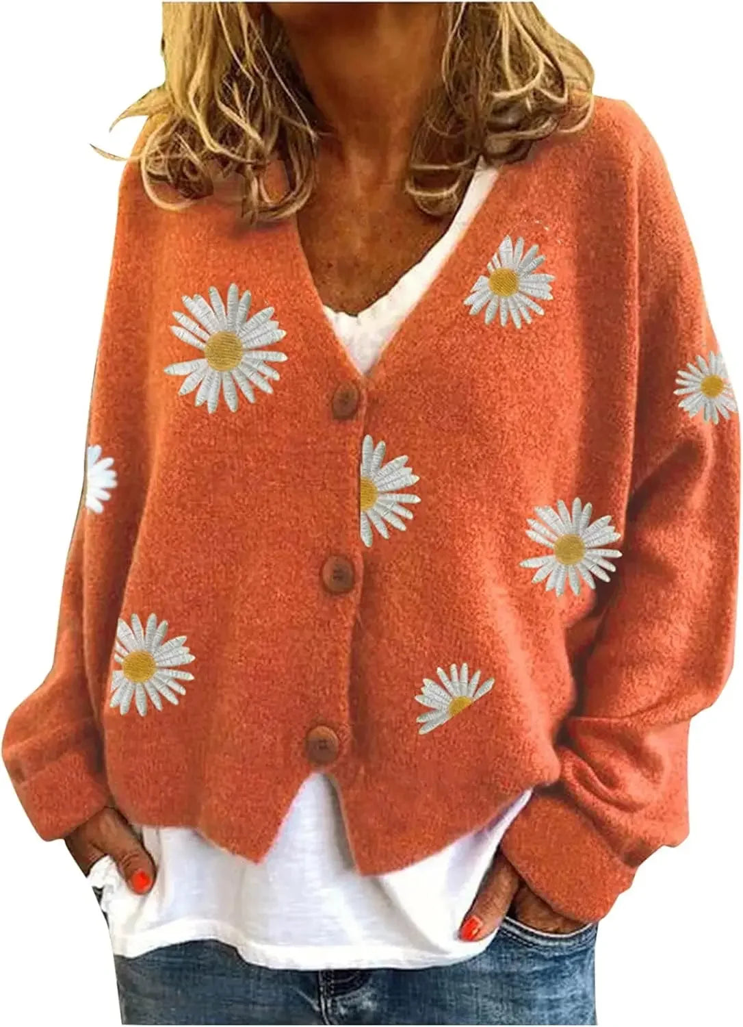 Women's Floral Print Long Sleeve V-Neck Sweaters Button Down Ribbed Cuffs Knit Cropped Cardigan Sweater