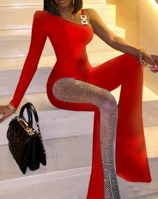 Jumpsuit Women Spring Fashion Rhinestone Fishnet Patch Sexy Plain Asymmetrical Neck Long Sleeve Skinny Daily Flared Leg Jumpsuit