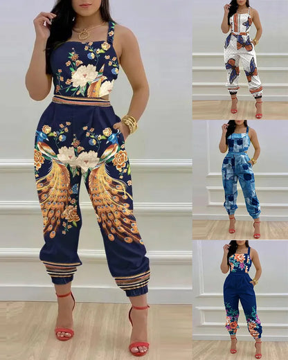 New Summer Fashion Printed Sleeveless Jumpsuit Sexy Hollow Backless Lace Up Long Jumpsuits Elegant Casual Jumpsuit With Pocket