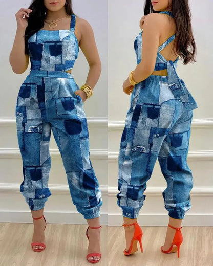 New Summer Fashion Printed Sleeveless Jumpsuit Sexy Hollow Backless Lace Up Long Jumpsuits Elegant Casual Jumpsuit With Pocket