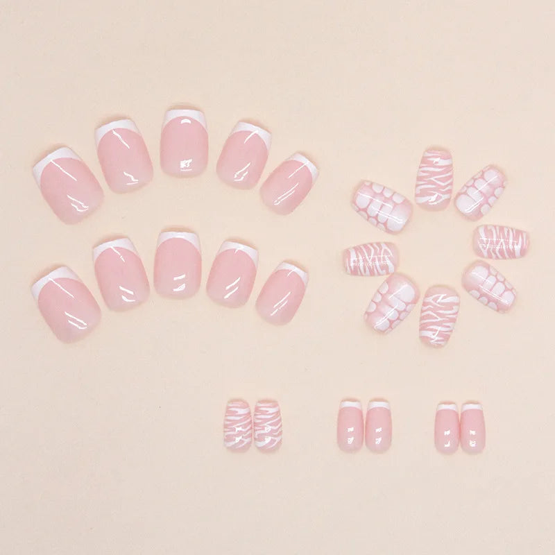 24pcs Glossy Short Square Fake Nails, White French Tip Press On Nails With Crocodile Pattern Design, Minimalist Style Pink False