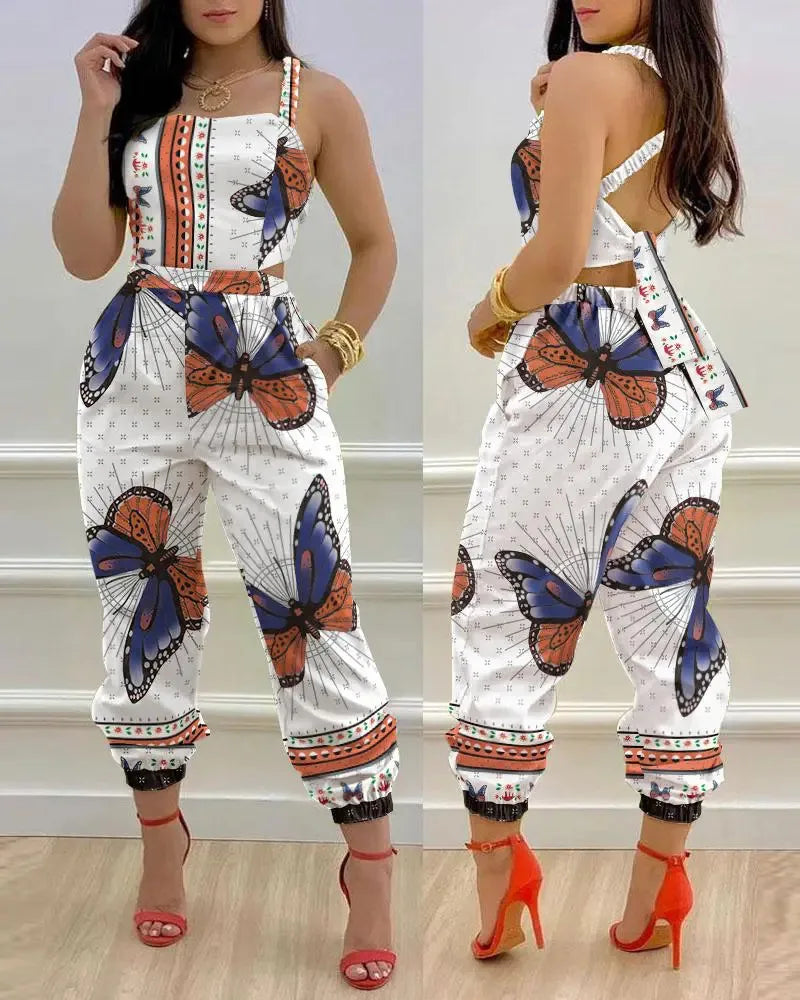 New Summer Fashion Printed Sleeveless Jumpsuit Sexy Hollow Backless Lace Up Long Jumpsuits Elegant Casual Jumpsuit With Pocket