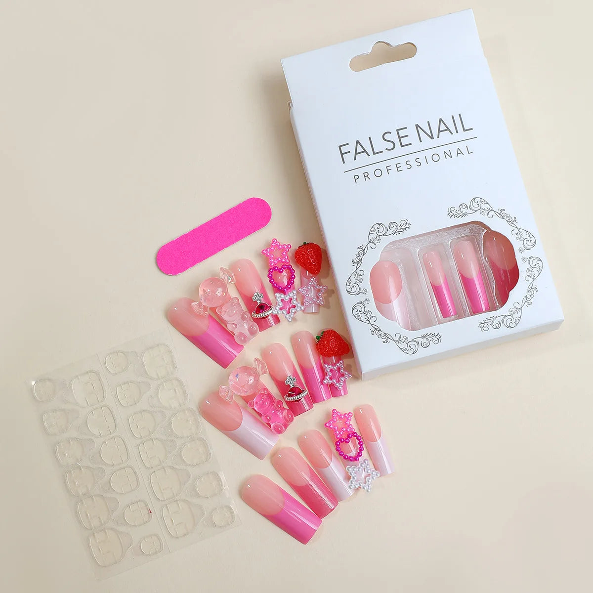 24Pcs Wearable Square Head Ballerina French Pink False Nails With Glue Full Cover Fake Nails Press On Nail Long Acrylic Manicure