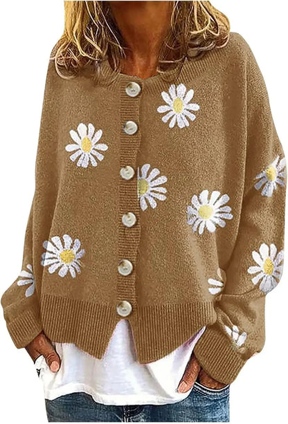 Women's Floral Print Long Sleeve V-Neck Sweaters Button Down Ribbed Cuffs Knit Cropped Cardigan Sweater